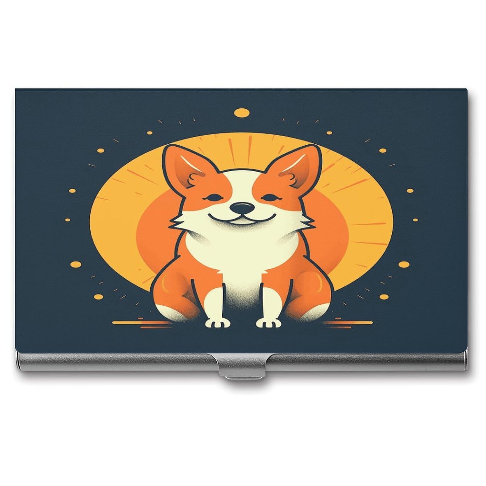 JTREHY Playful Corgi Business Card Holder Slim Purse Name Card Holder Portable Metal Business Card Case Wallet Large Capacity Lightweight Business Card Case for Men Women