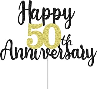 Happy 50th Anniversary Cake Toppers Glitter, Cheers To 50 Years Old Party Decorations 50 Year Anniversary Cake Decor, Fifty Theme Cake Decorations For Wedding Birthday Company Anniversary(Black Gold)