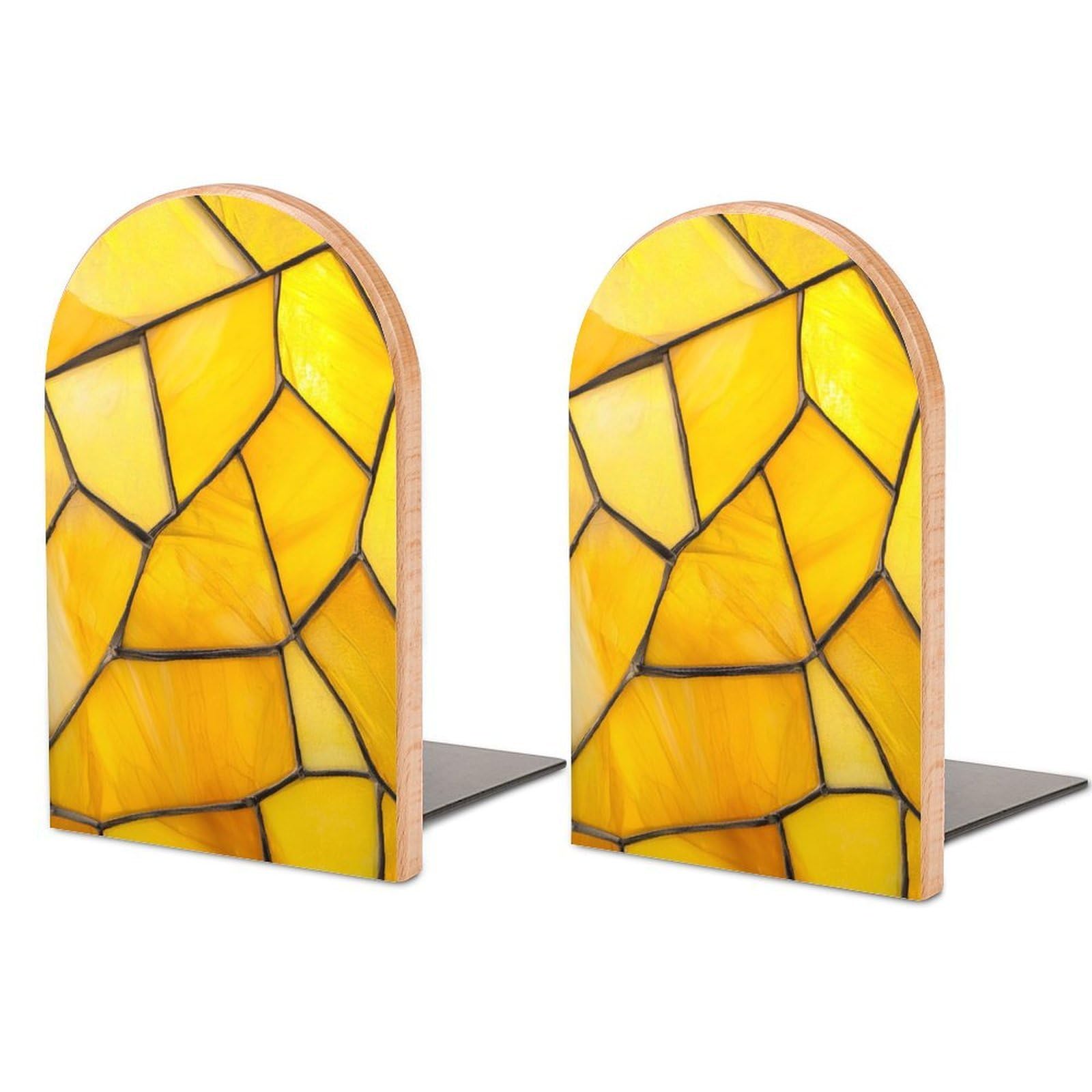 Simple Piece of Yellow Stained Glass Wooden Bookends Shelves 2 PCS Sturdy Book Holders Desktop Organizer for Home Office Libraries