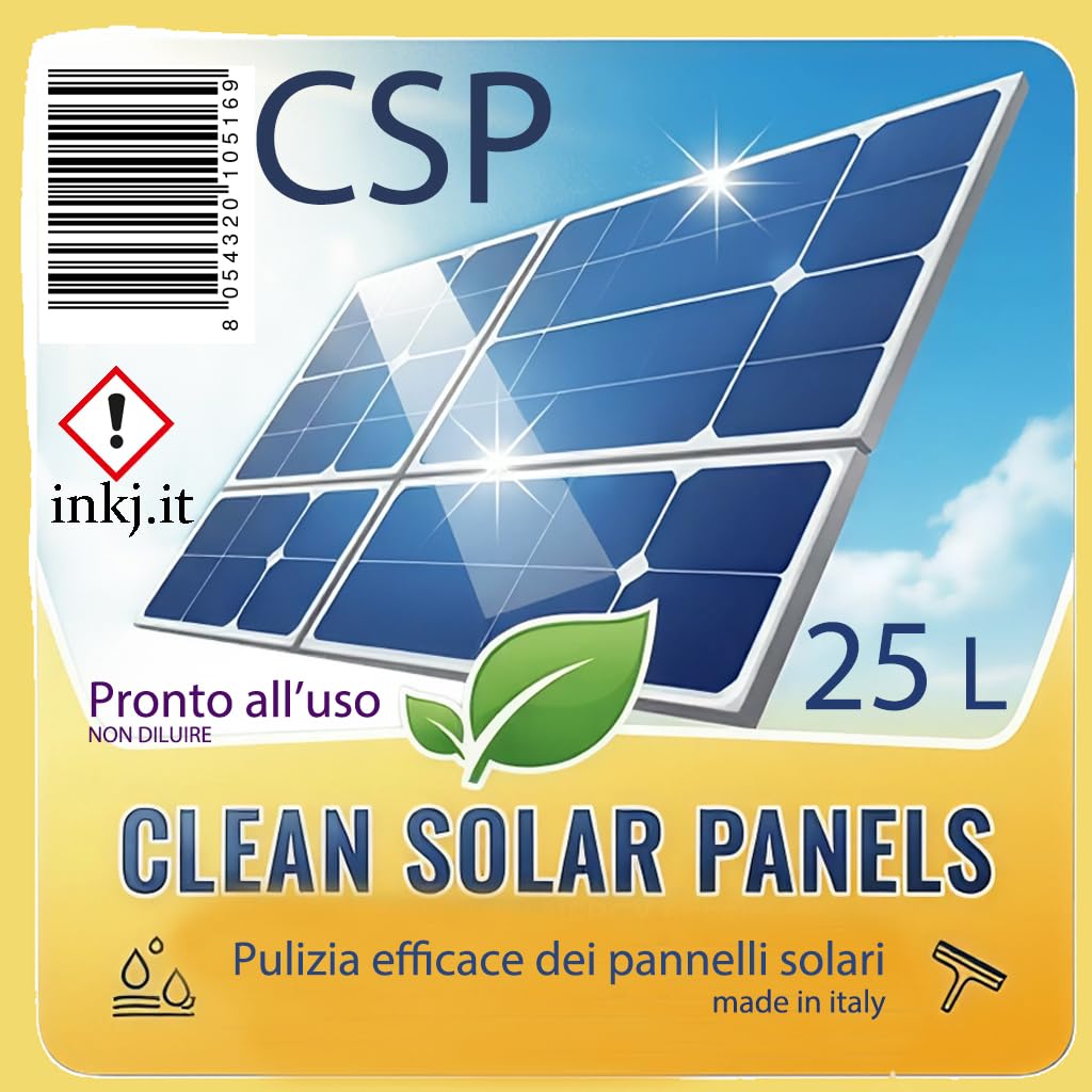 CSP Clean Solar Panels Detergente Specifico per Pannelli Solari, 25 L, Pulisce Polvere, Escrementi Animali, Calcare, Terra, Pronto all'Uso, Senza Ammoniaca Made in Italy