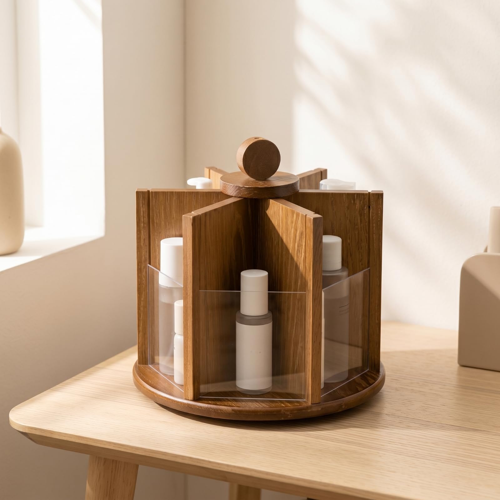 Organizzatore Cosmetici Rotante Portatrucchi Porta Pennelli Porta Skincare Struttura in bambù con Base Rotonda Stabile E Pannelli Trasparenti Adatto a, Marrone tè