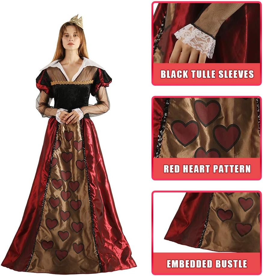 Halloween Alice Red Queen Dress Adult Women,Queen of Hearts Costume,Medieval Vintage Costume