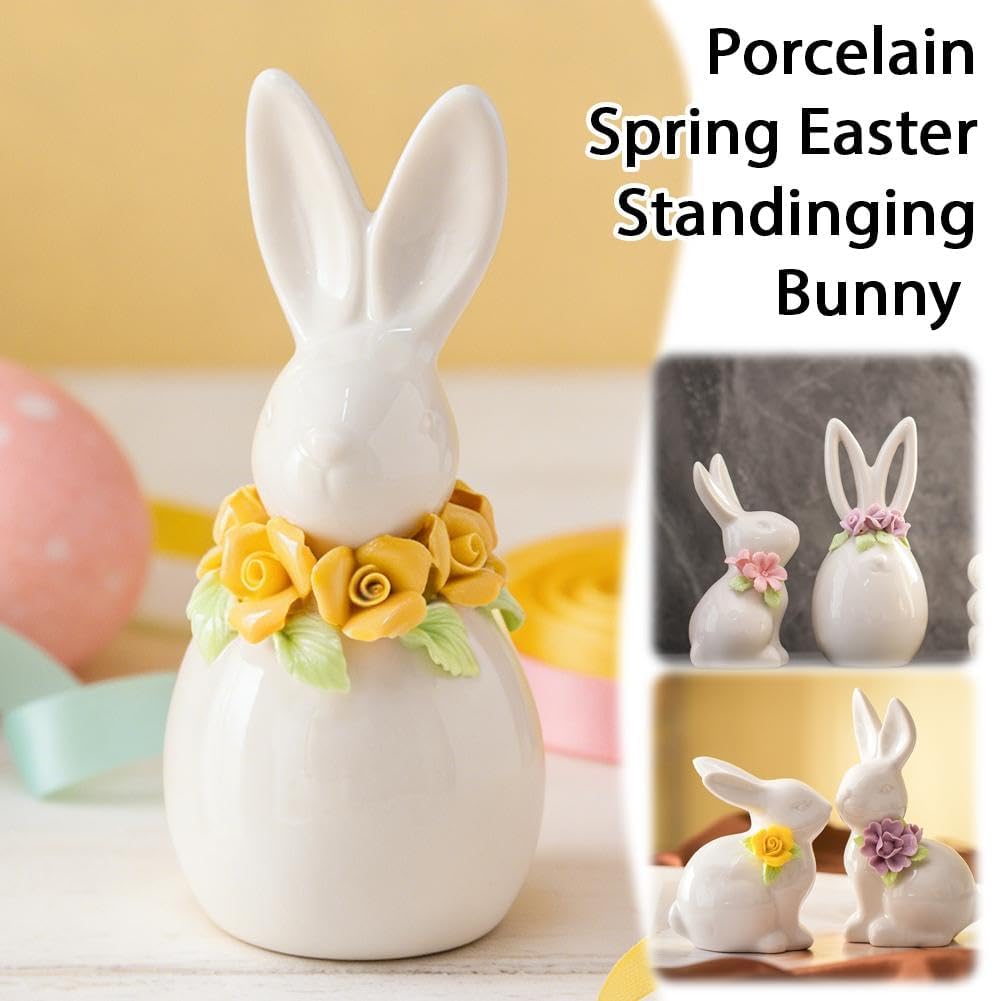 Statuetta in ceramica a forma di coniglietto bianco con fiori per primavera, Pasqua, casa, ufficio, scrivania, mensola decorativa