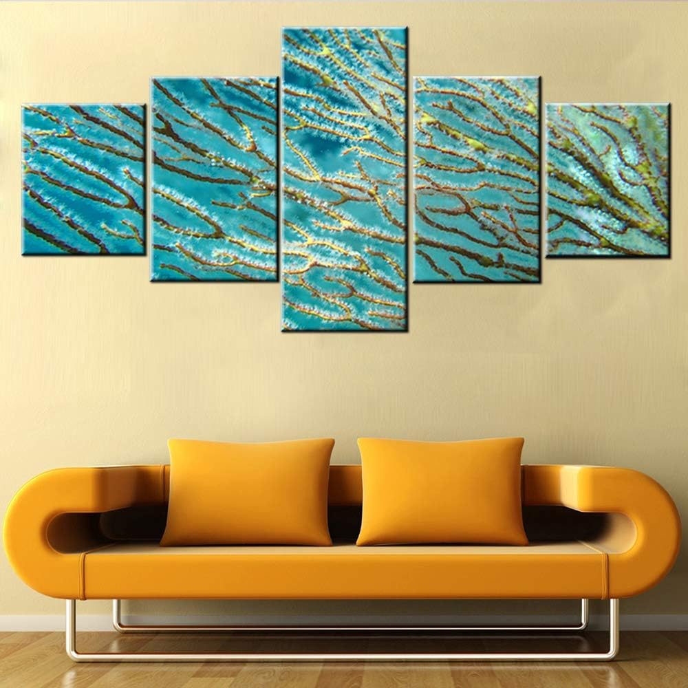 Underwater World Pictures Wall Art Coral Reef Paintings for Living Room Multi Panels Undersea Plant Artwork on Teal Canvas Home Modern Decor Giclee Framed Ready to Hang Poster and Prints(50WX24H) 50WX24H Artwork-45