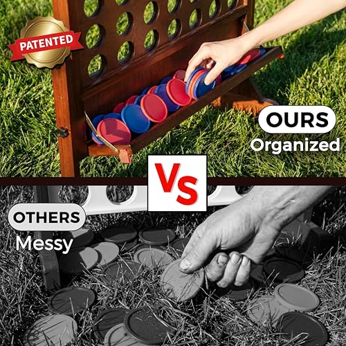 Image of Height Adjustable (2.75-3.75 FT) Giant Wooden 4 in A Row Game | Foldable Tray, 2 Styles of Play: Wall Mounted or Set-up on Ground, Carrying Case, Detachable Legs
