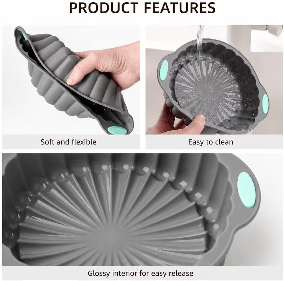 Gray Green Silicone Bakeware Set of 3, Round Flower Pan 6 & 12 Cavity Pastry Trays for Household Baking