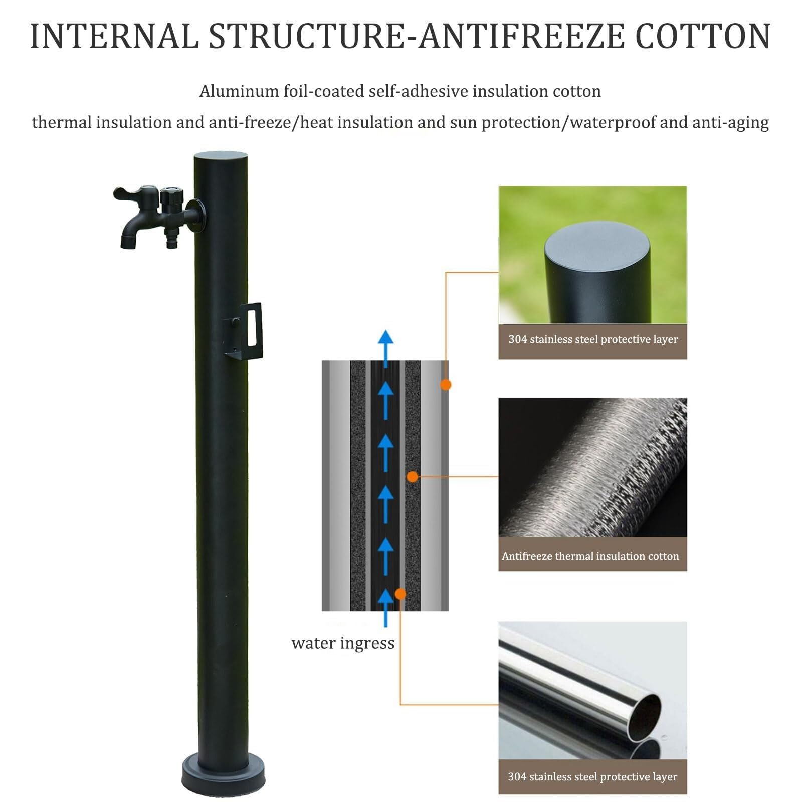 Genérico Grifo de jardín Independiente de Acero Inoxidable con Soporte para Manguera, Columna de Agua Vertical de 96 cm, Fuente de Agua Exterior anticongelante, dispensador Duradero para Montaje en s