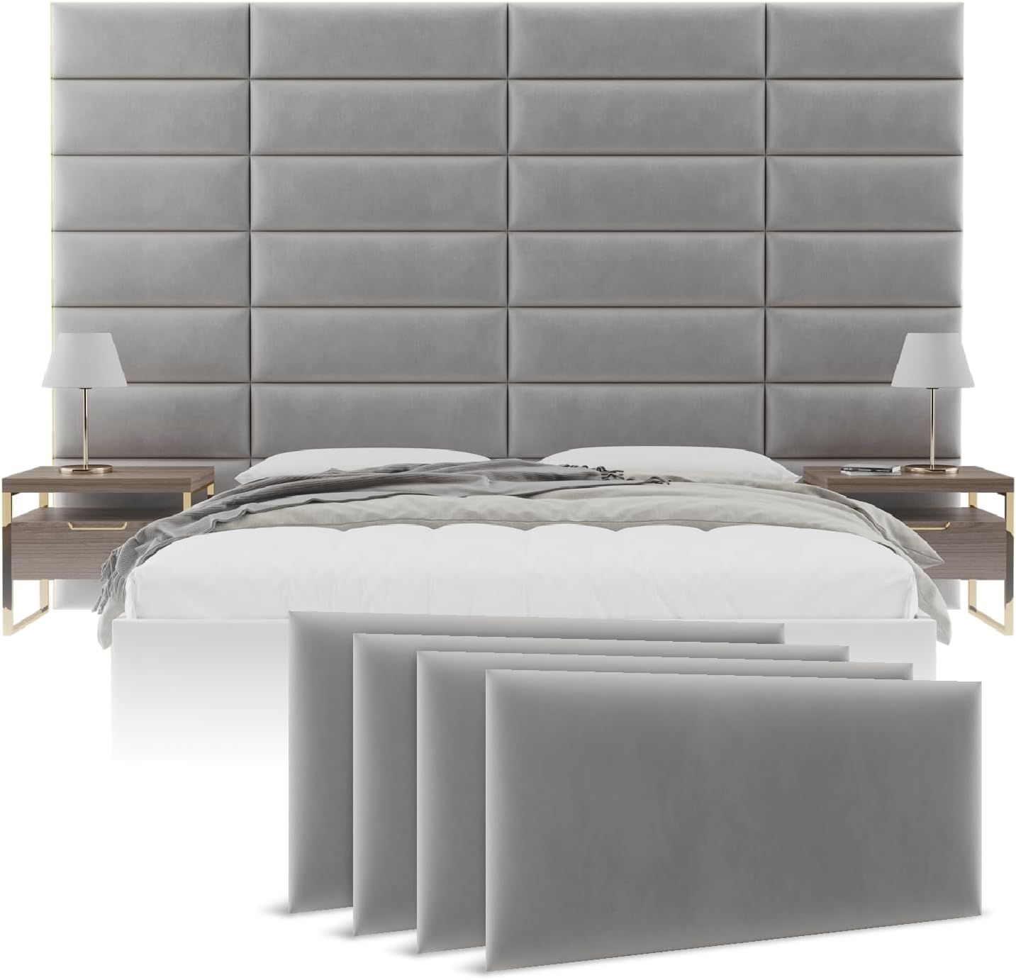 Vänt Upholstered Wall Panels - Queen/Full Size Wall Mounted Velvet Headboards - Velvet Platinum Grey - Set of 4 Panels (Each Individual Panel 30"x11.5")