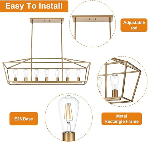 Miniatura 6 de VINLUZ Lámpara de araña dorada, moderna lámpara de metal de 7 luces para comedor, granja, isla de cocina, iluminación rectangular grande colgante
