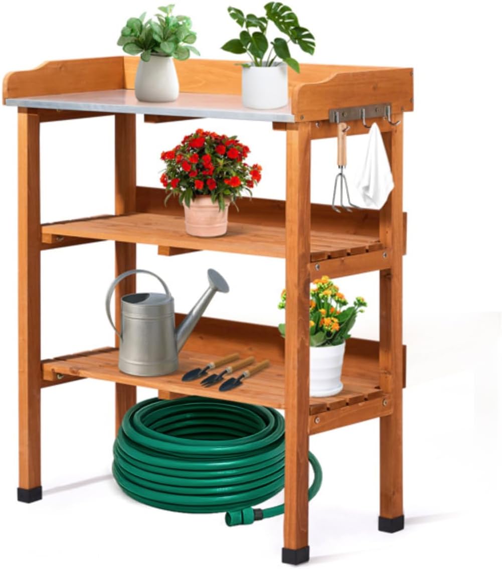 Garden Wooden Potting Bench Work Station Table Tool Storage Outdoor Horticulture Horticulteralist Plant Patio Workbench for Gardening, Storage Shelf (2-Drawers)
