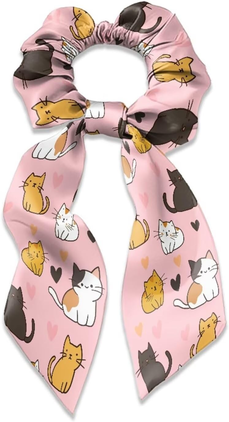 Cat Bow Hair Ties for Women Hair Scarf Scrunchies Elastic Bowknot Ponytail Holder Ribbon Scrunchy with Long Tails Satin Hair Scrunchies Cute Pink Scrunchie for Women Girls