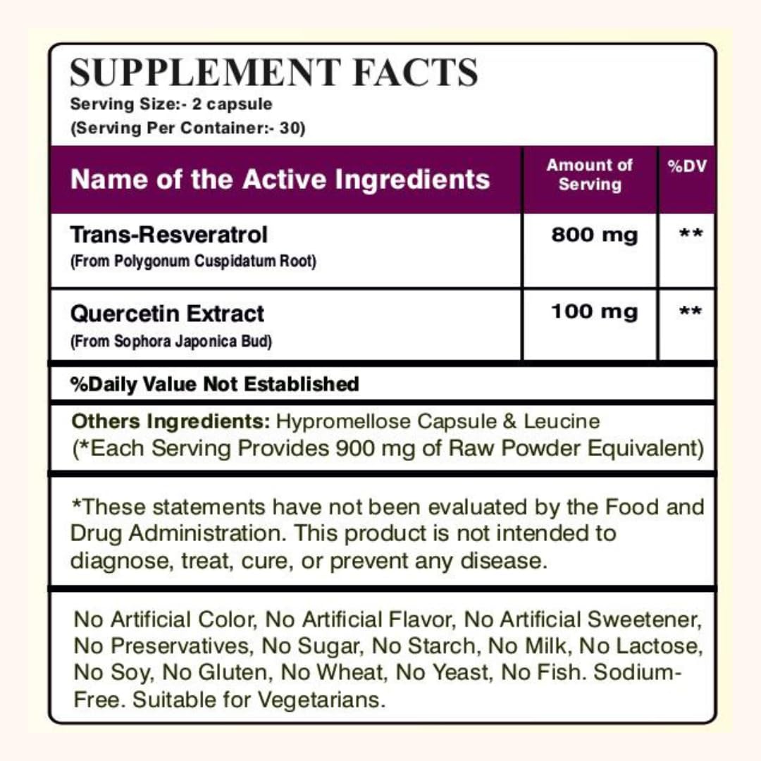 Resveratrol 800Mg with Quercetin 100Mg | 2 in 1 Antioxidant Supplement for Heart Health Immune Support & Healthy Aging | 60 Veg Capsules | Non GMO Gluten Free — Amazon image 6