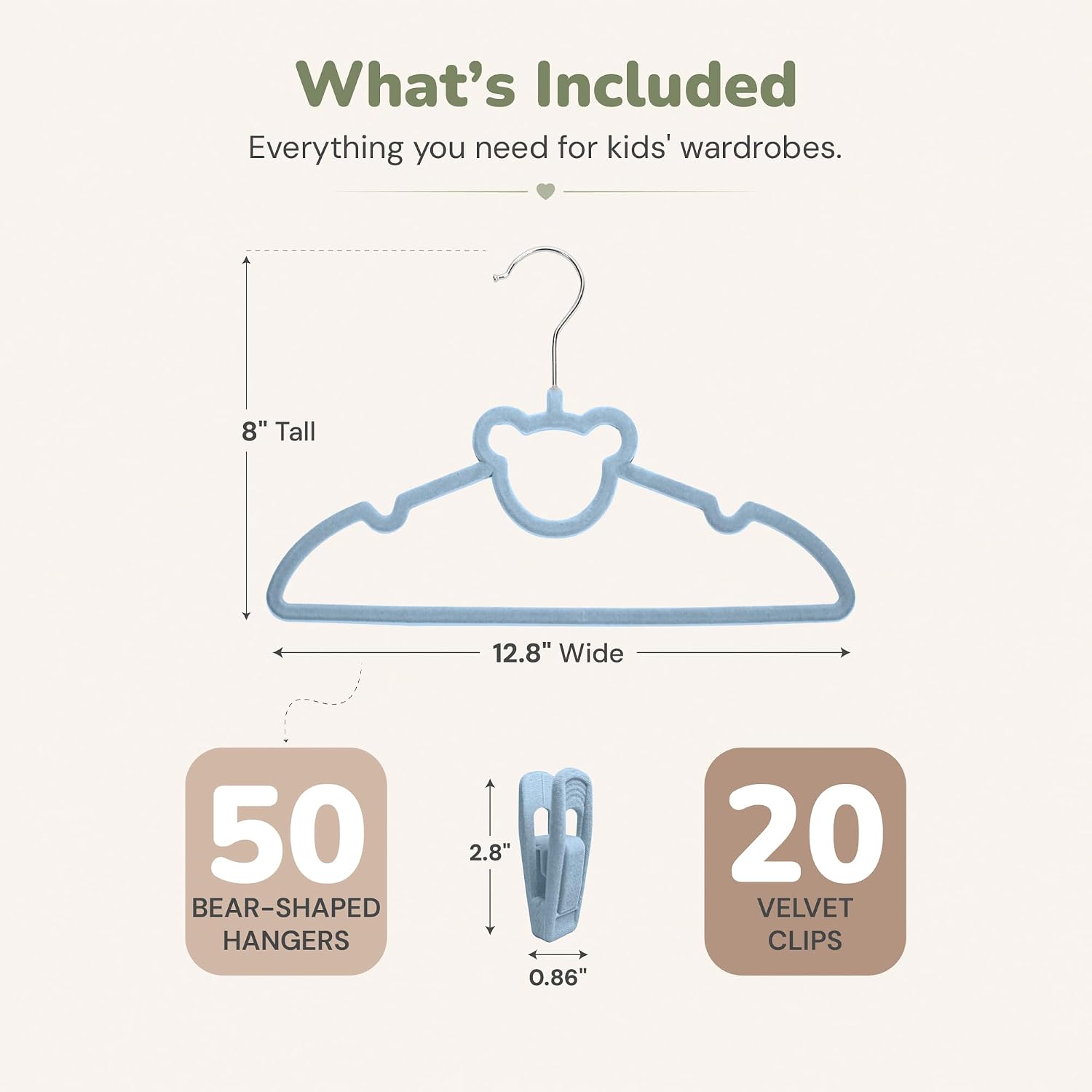 Kids Velvet Hangers with Clips, 50 Pack for Toddlers & Youth | 50 velvet hangers and 20 matching clips sized for toddler, kids, and youth clothes as growing wardrobes need more space