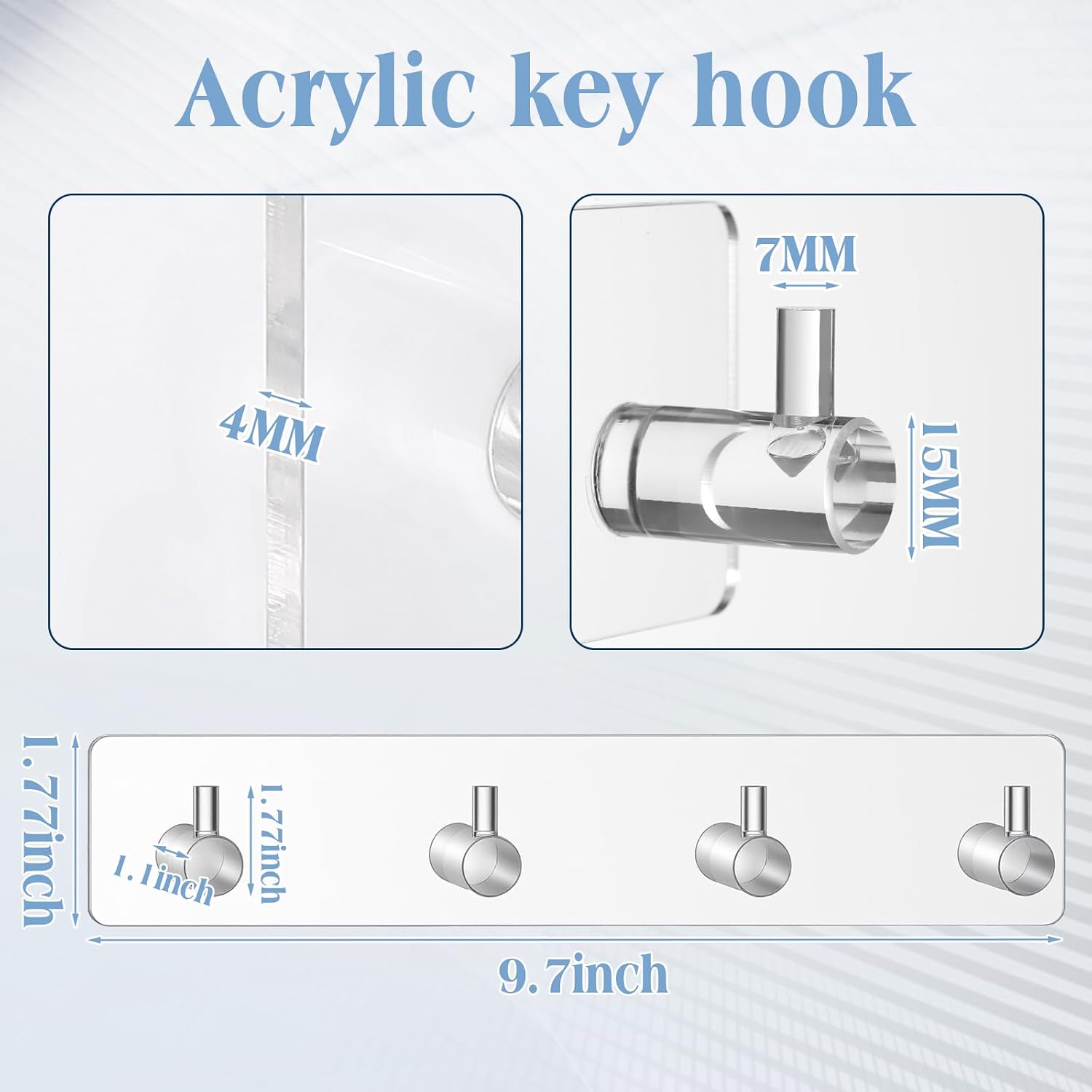 1 Pcs Adhesive Key Holder for Wall Acrylic Key Holder with 4 Hooks for Entryway, Door, Bathroom, Kitchen, Hang Keys, Hats, Dog Leashes, and Accessories (Transparent)