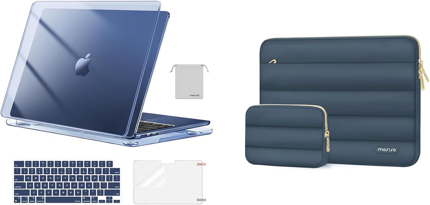 MOSISO Compatible with MacBook Air 13 inch Case 2025-2022 M4 A3240 M3 A3113 M2 A2681,Hard Shell&Keyboard Cover&Screen Film&Pouch for MacBook Air 13.6 inch Case&Polyester Bag,Crystal Midnight&Haze Blue