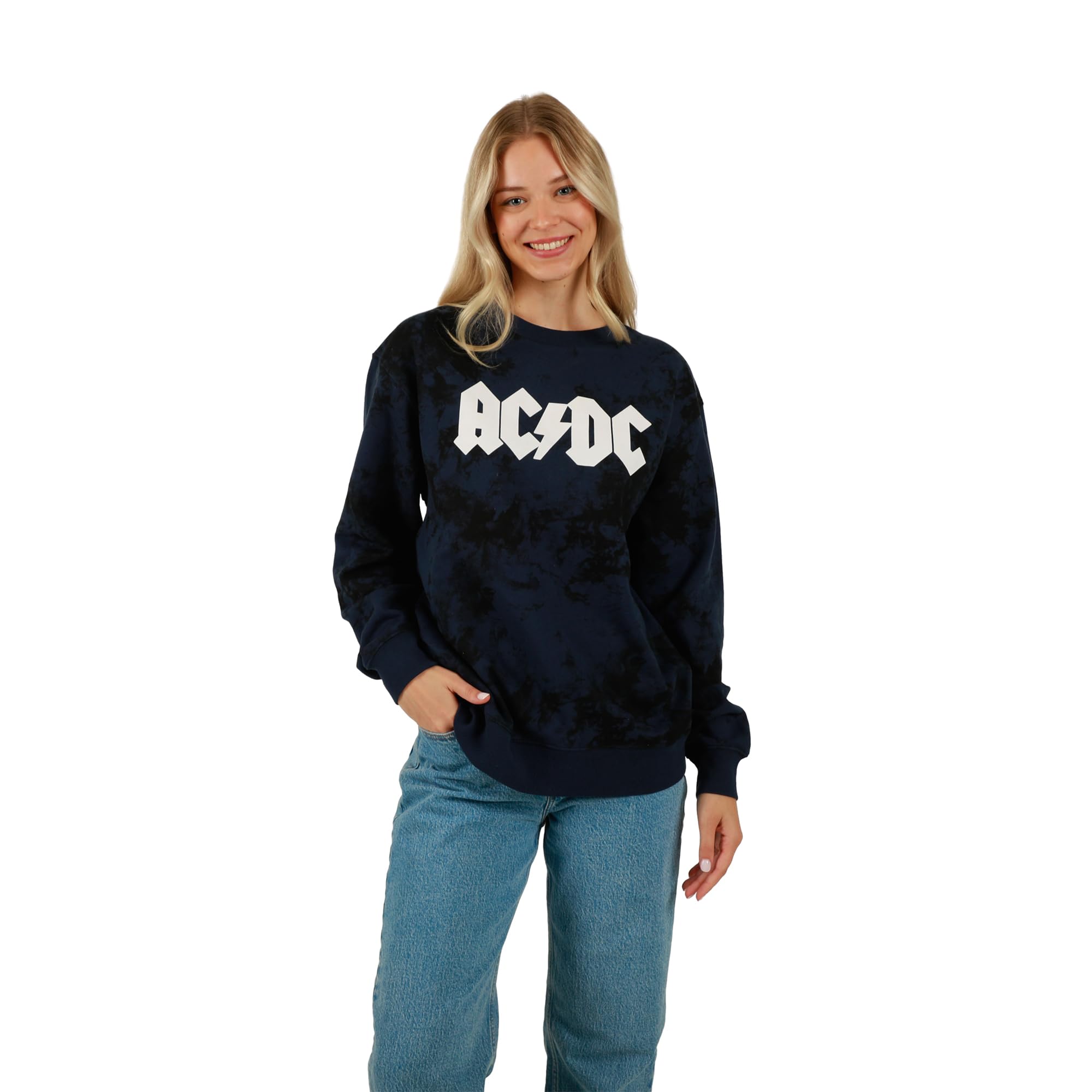 Bioworld ACDC Guitar & Band Logo Girocollo Manica Lunga Grigio Donna Oversize Reversibile Pullover Felpa