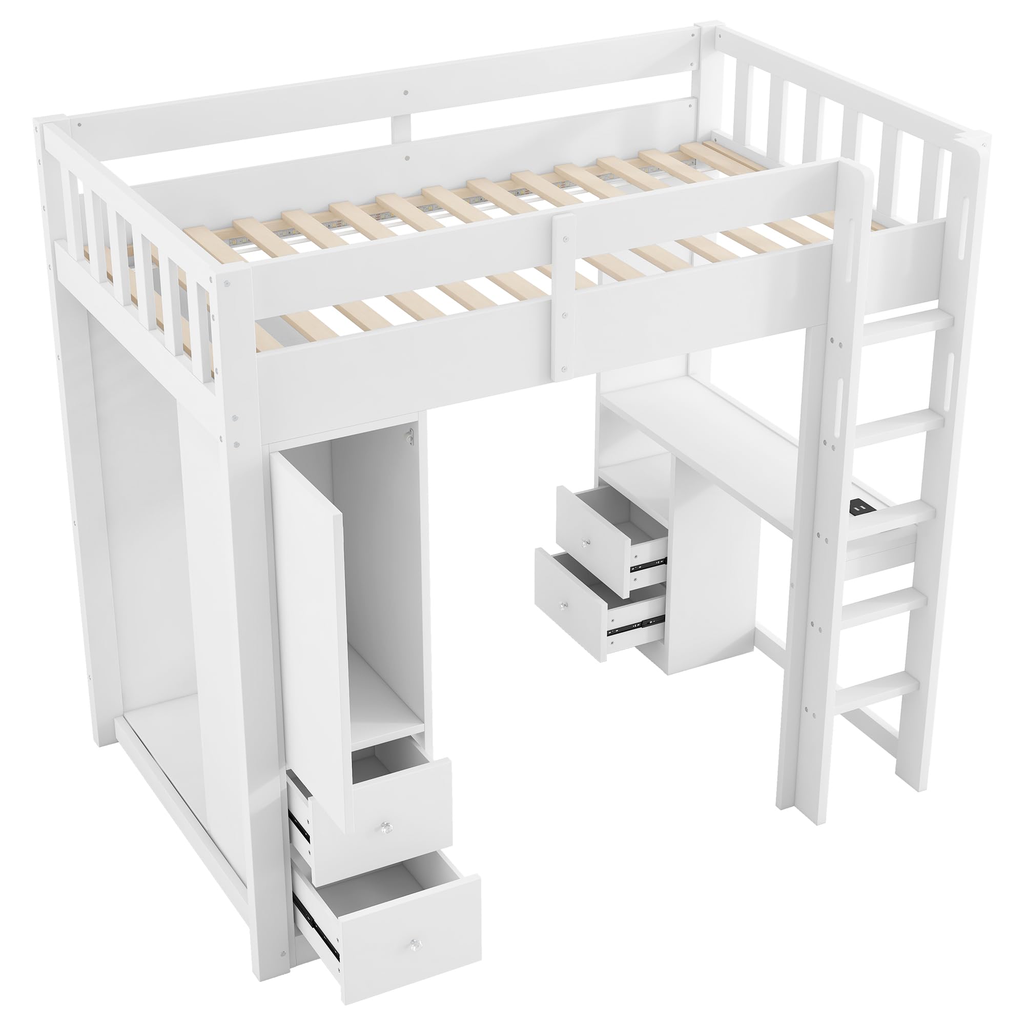Letto a soppalco 90 x 200 cm, con 4 cassetti e 1 armadietto, sotto il letto, armadio aperto, luce LED e USB, bianco (90 x 200 cm)