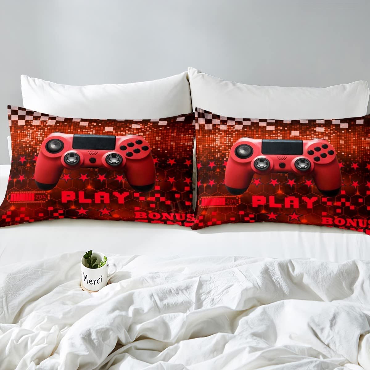 Feelyou Gamer Bedding Sheets Gaming Bed Sheet Set for Kids Boys Game Controller Geometric Pattern Bedding Fitted Sheet Vedio Game Gampad Bed Cover Red 1 Bed Sheet Set with 2 Pillowcases Full Size