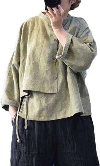 Womens Soft Jacquard Linen Shirt Top Long Sleeve Button Down Tie Asymmetrical Hem Wrap Blouse Shirts