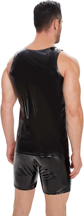 Men Shiny Leather Tank Top, Plus Size, Sleeveless Sexy T-shirt For Male, Black