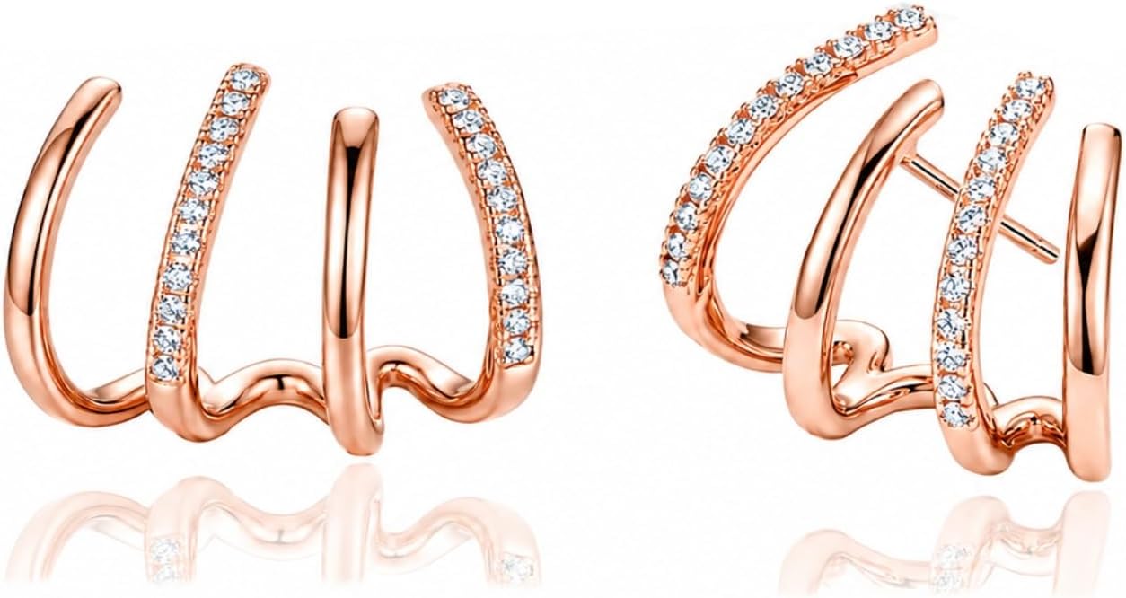 Gold Triple Huggie Stud Earrings for Women Trendy, 14K Gold Plated Sterling Silver Post Cuff Earring Huggie Hoop Claw Earrings Jewelry Gifts