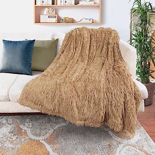 Decorative Extra Soft Faux Fur Throw Blanket 50" X 60",Solid Reversible Fuzzy Lightweight Long Hair Shaggy Blanket,Fluffy Cozy Plush Fleece Comfy Microfiber Fur Blanket For Couch Sofa Bed,Camel #TOP1