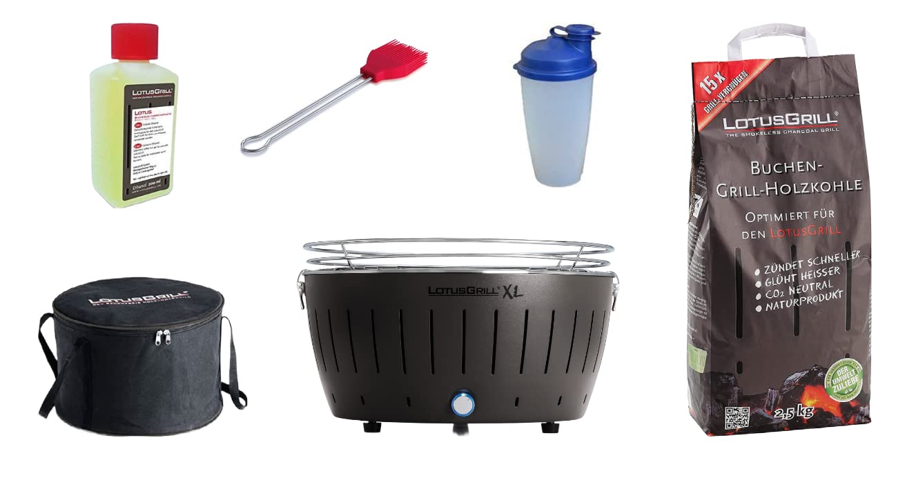LotusGrill XL Juego de inicio 1x Gris Antracita 1x Carbón Madera haya 1 kg, 1x Pasta Quemar 200ml, 1xmarinierpinsel Mandarina, 1x agitador aliñado, 1x Bolsa transporte - LIBRE HUMO Asador a vegetal /