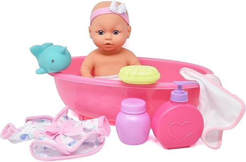 Juego de bebé muñeca de bebe con muñeca de vinilo de 10 pulgadas bañera de baño rosa toalla jabón de juguete y gel de ducha y pato de goma el mejor