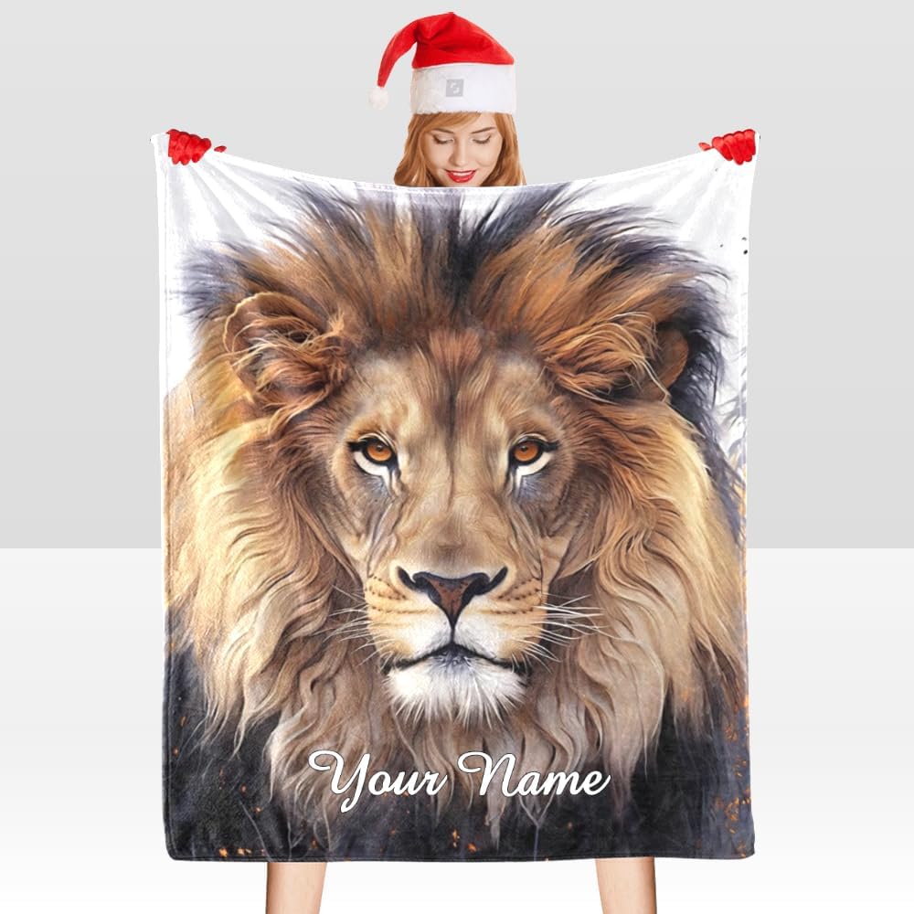 Custom Blanket with Name Text,Personalized Lion Animal Super Soft Fleece Throw Blanket for Couch Sofa Bed (50 X 60 inches)