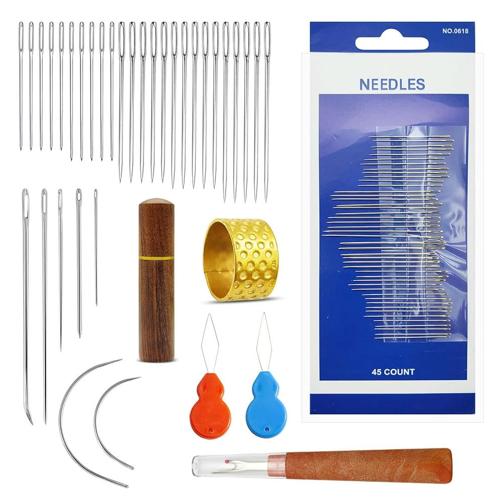 Osmond 77 PCS Hand Sewing Needles, Large Eye Needles for Hand Sewing, Leather Sewing Needles with Wooden Case for Stitching