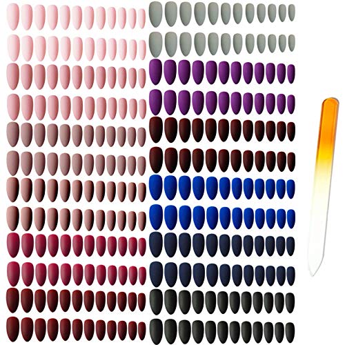 editTime 12 sets/288pcs Solid Colors Matte Acrylic Stiletto False Nails Full Cover Fake Nails Tips Natural Medium Claw Nails Tips with a Crystal Nail File (Matte Stiletto)