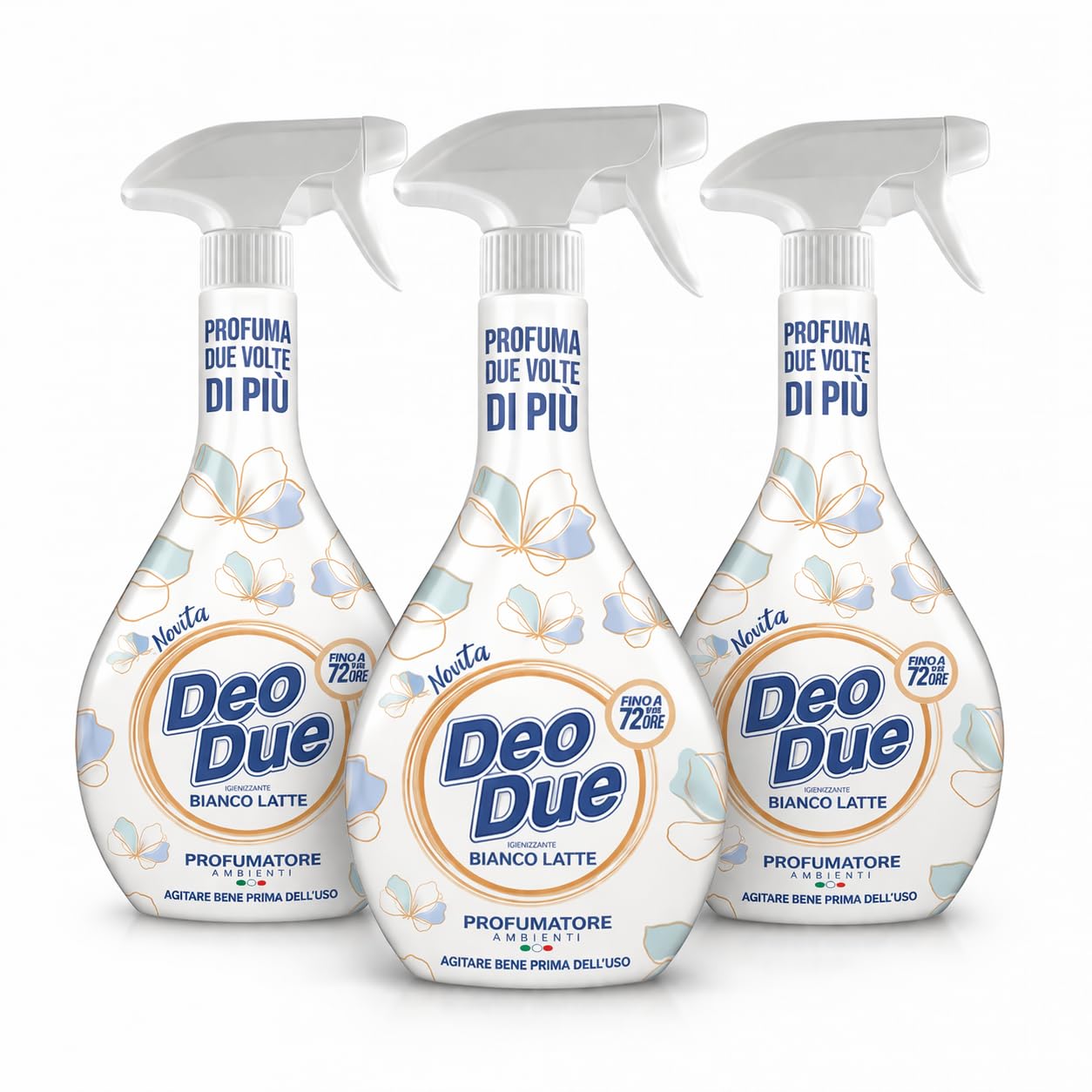 Deo Due Profumatore Ambienti Spray Bianco Latte, Fragranza Intensa e Duratura fino a 72 Ore, Elimina Odori, 3 Flaconi da 450ml, per Casa e Tessuti