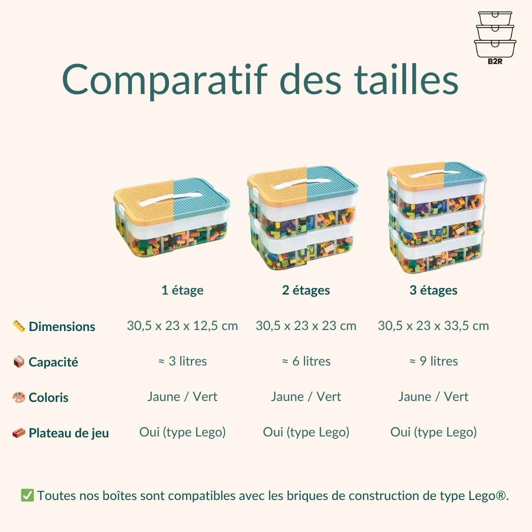 B2R Boite Rangement Plastique pour Lego Briques – 3 Couches Empilable Transparente Verte – Couvercle Plateau de Jeu – Compartiments Réglables Rangement Jouets Enfant