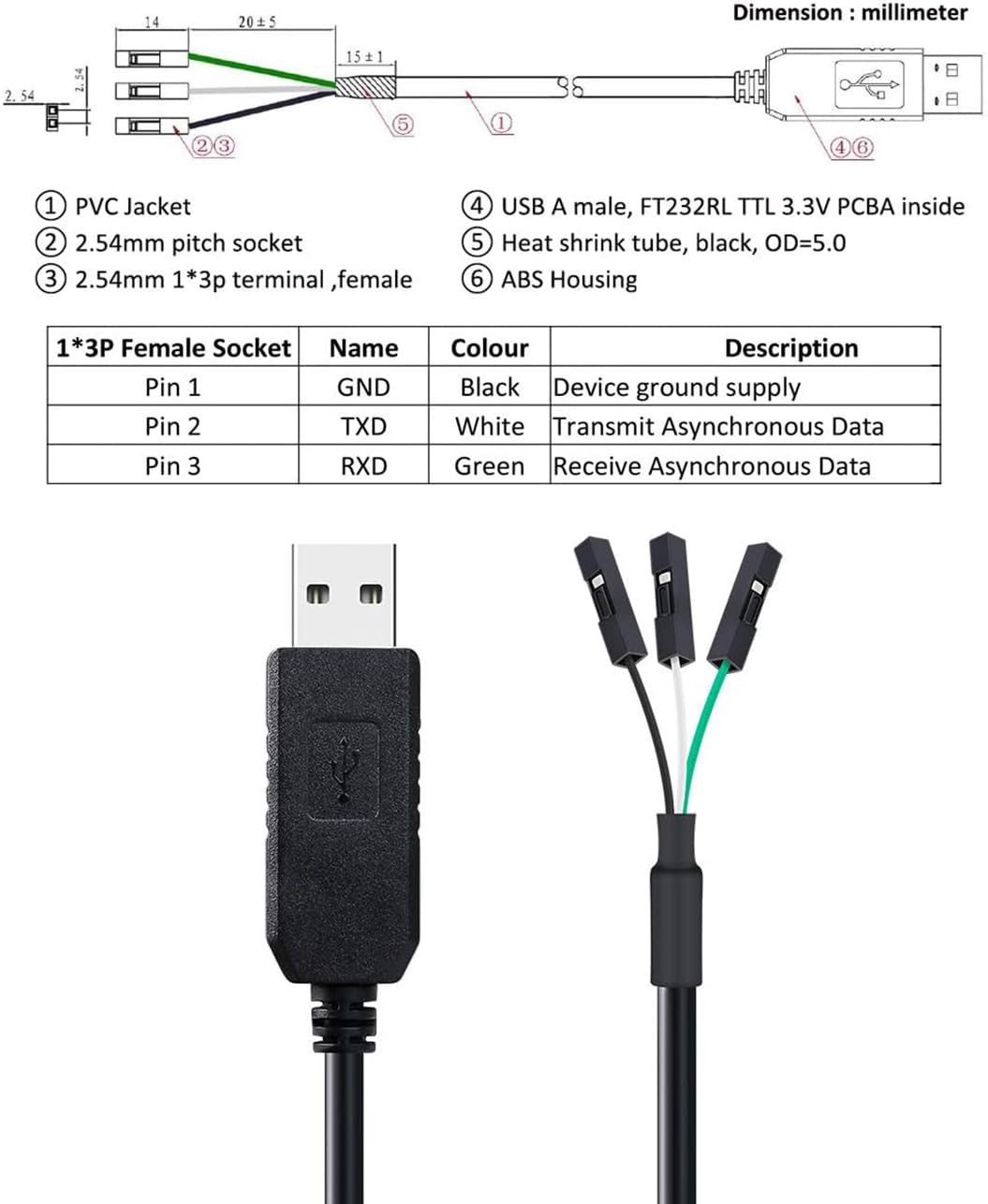 DTech FTDI - Adattatore seriale USB a TTL, 3,3 V, cavo di debug TX RX Signal 3 pin, presa FT232RL, chip per Windows 10 8 7 Linux MAC OS (1 m, nero)