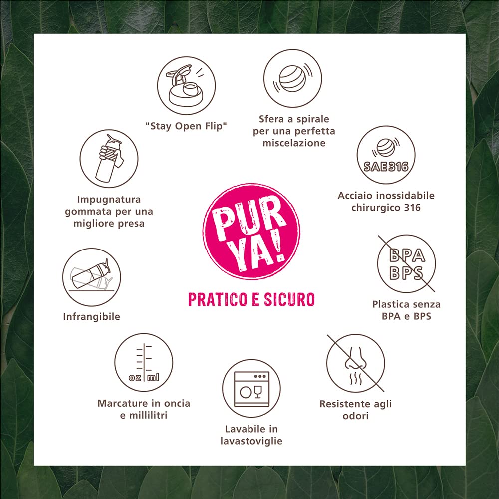 PURYA! SHAKER, borraccia fitness per frullati proteici e bevande, miscelazione ottimale grazie alla sfera a spirale, senza BPA e infrangibile, Nero, 828ml