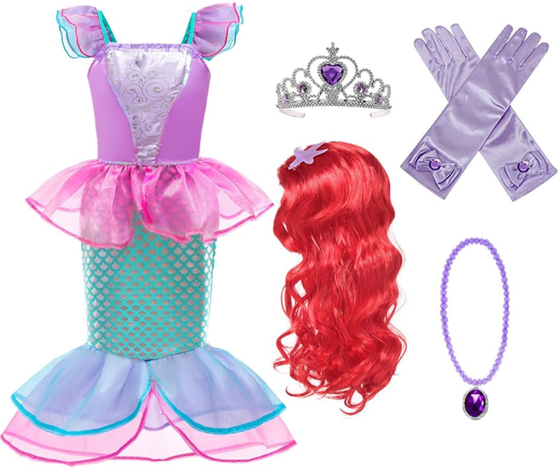 Princess Little Mermaid Costume for Girls Mermaid Wig Princess Ariel Cosplay Dress Up for Birthday Party Halloween Costume