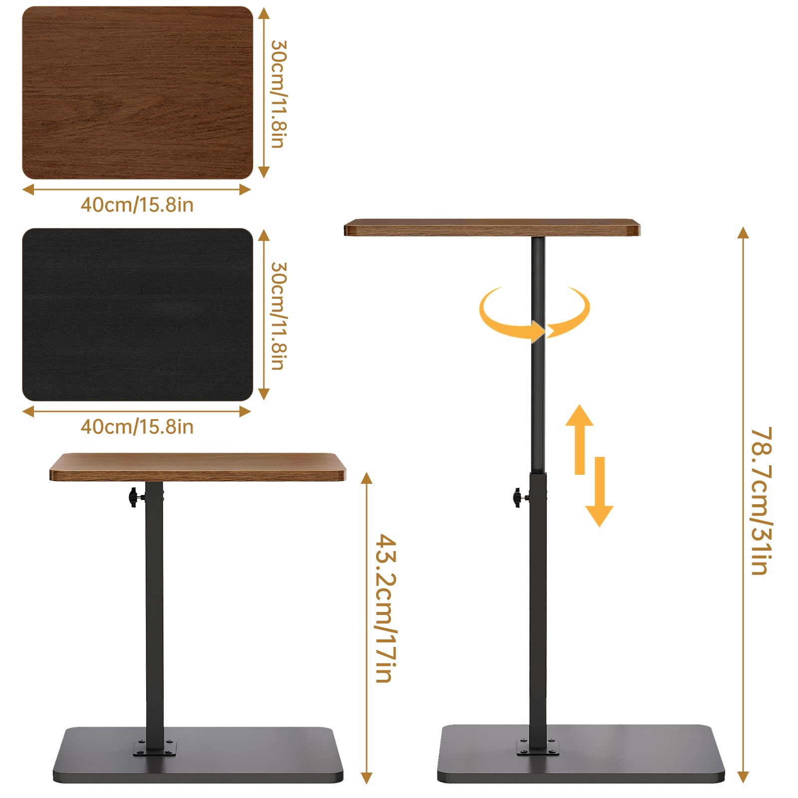 NiHome mesa y auxiliar en forma de C de madera, altura ajustable, giratoria 360°, para sofá y cama, portátil para salón y dormitorio, mesa de aperitivos (marrón)