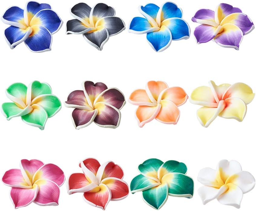 Craftdady 100Pcs Polymer Clay Plumeria Flower Spacer Loose Beads 30x11mm Random Mixed Colors 5 Petal Floral Charm Beads Side Drilled Hole: 2mm for Jewelry Making