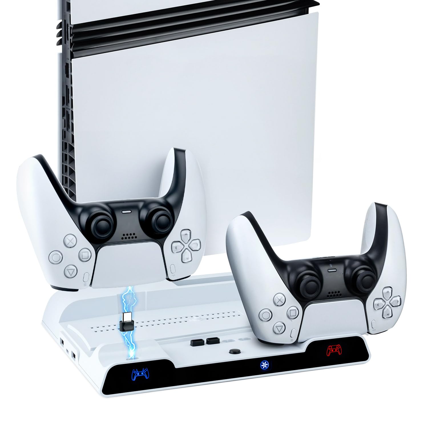 Wigearss Soporte Vertical para PS5/PS5 Slim/PS5 Pro con Ventiladores de Refrigeración, Estación de Carga para Dos Mandos, Ventilador de Enfriamiento con 3 Niveles Ajustables
