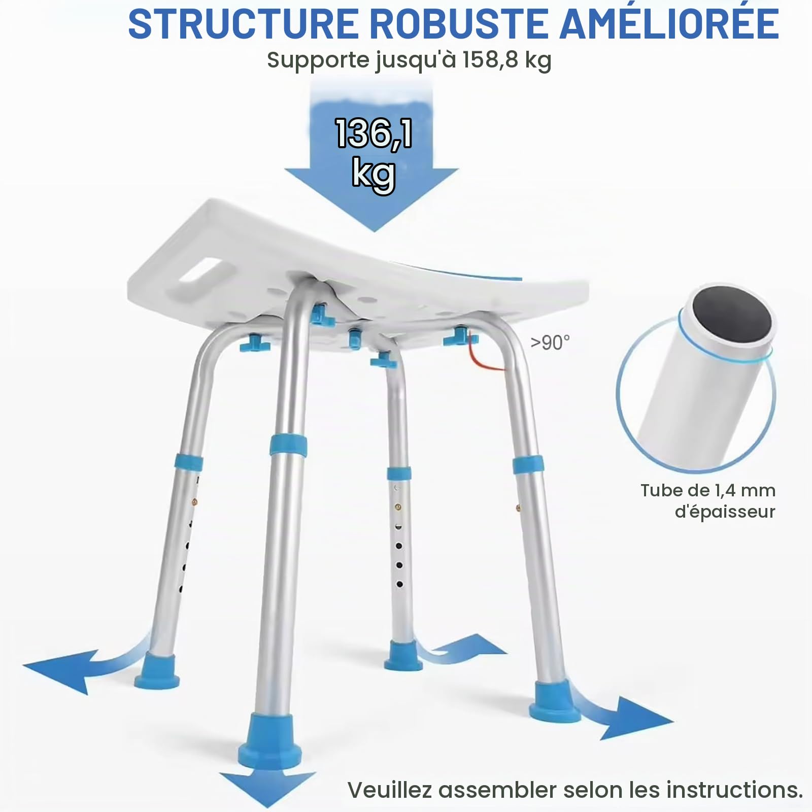 NEWFUN Chaise de Douche， Siege de Douche Adulte，Tabourets de Douche et de Bain, Chaise de Douche Antidérapante, Tabouret de Douche Antidérapant, Montage sans Outil, Siège de Bain pour Adultes, 150KG
