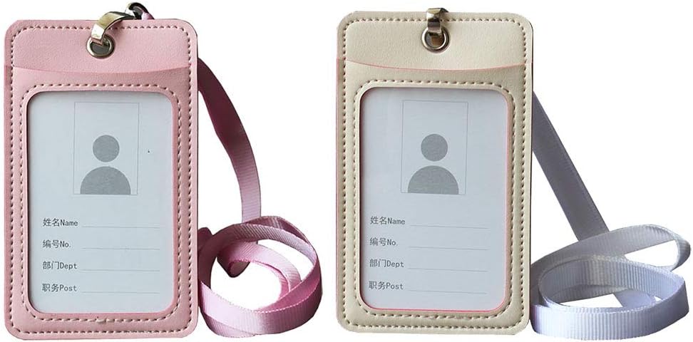 UTENEW Set of 2 PU Leather Badge Holder Vertical ID Credit Card Holder, Keychain Holder, Wide Wrist Strap/Lanyard, for Bus Card, Metro Pass, Employee Card, School ID