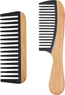 2 Pcs Bamboo Wide Tooth Comb Set - Wooden Wide Tooth Comb for Women, Anti-Static Detangling Hair Comb for Curly/Wet/Thick Hair with Bakelite Teeth