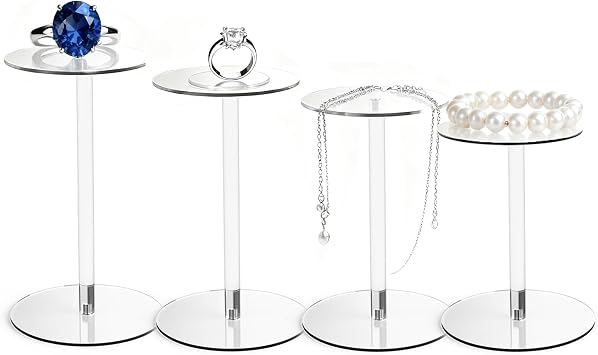 4 Pack Round Acrylic Display Stands, 5.5-5.9-6.5-7in Small Clear Acrylic Display Risers, Plastic Clear Pedestal Set for Gem Jewelry Display, Cupcake Party Table Decor
