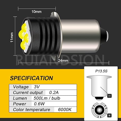 Miniatura 4 de Ruiandsion Bombilla LED P13.5S de 3 V 3030 4SMD Chips LED de repuesto para 2 celdas, linternas C&D, luz de trabajo no regulable (paquete de 1)
