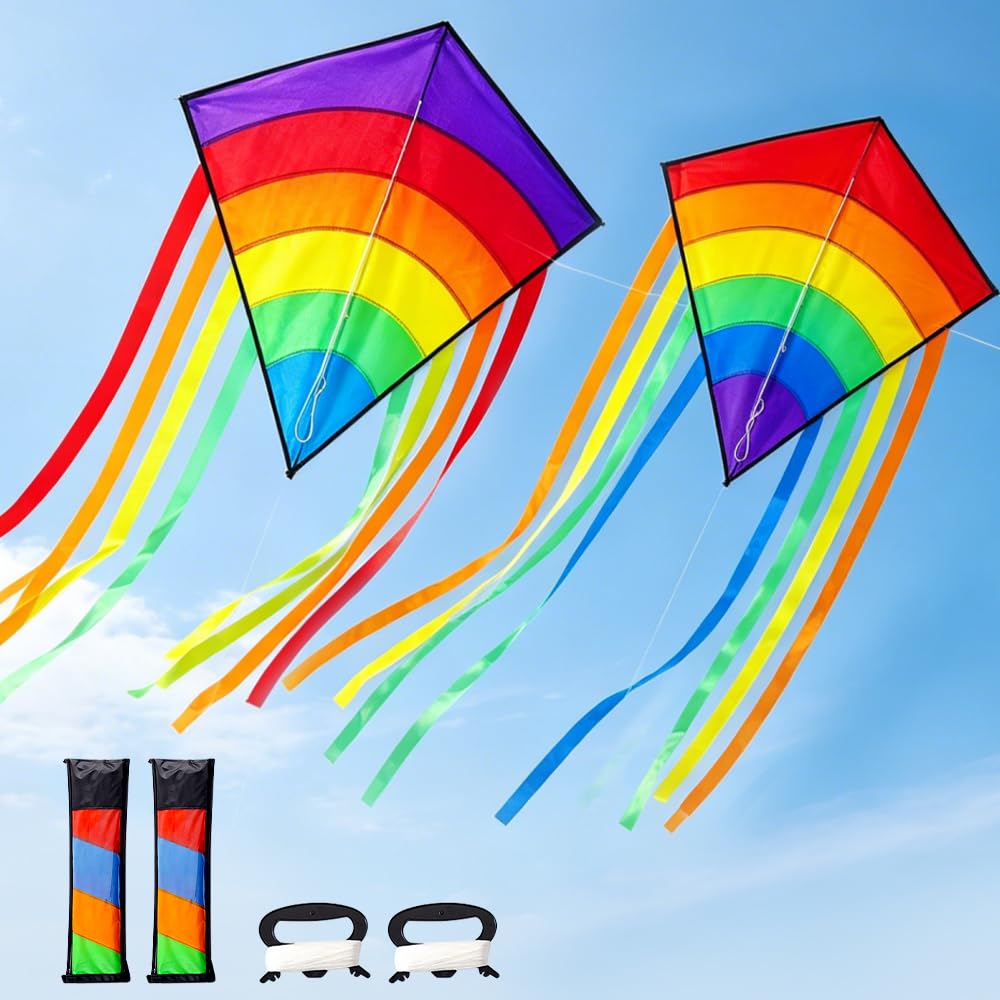 2 Pcs Rainbow Diamond Kites, Kites For Kids And Adults, Large Beginner Kite with Long Tails, Easy To Fly For Parks, Beaches, Picnics, Camping