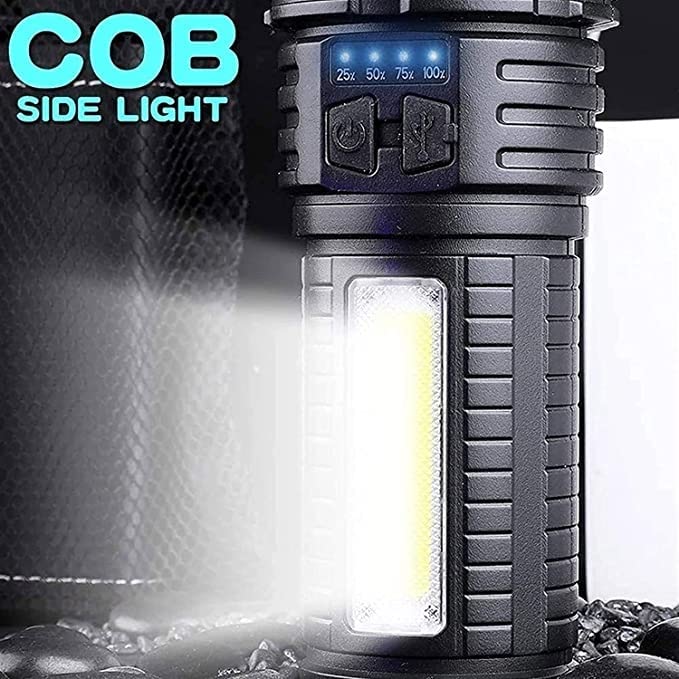 Linterna de Mano LED, Linterna de Alto Lumen Recargable por USB con luz Lateral COB, Resistente al Agua IPX6, 4 Modos de iluminación, luz de antorcha con Zoom for Acampar