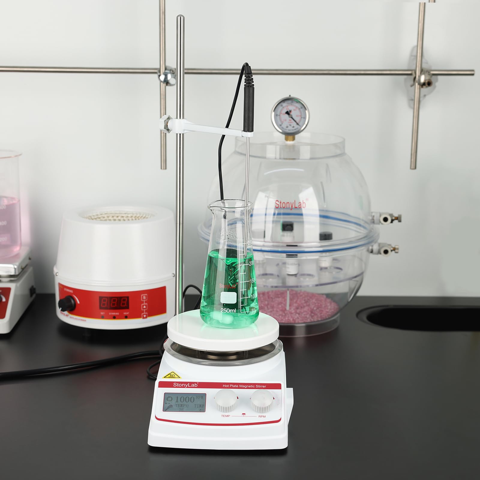 stonylab Agitador Magnético con Placa Calefactora (135 mm OD) con Recubrimiento Cerámico de Aluminio Fundido, 3L, 100-2000 RPM, Pantalla LCD, RT+5~250°C, con Soporte y Sensor