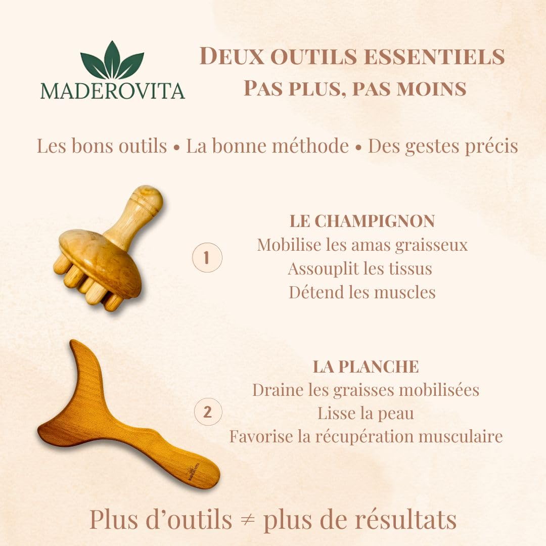 Kit Madérothérapie – Massage Anti-Cellulite & Drainage Lymphatique – Bois Naturel – Raffermissant, Relaxant & Récupération Musculaire – Planche Gua Sha & Champignon – Guide + Vidéos