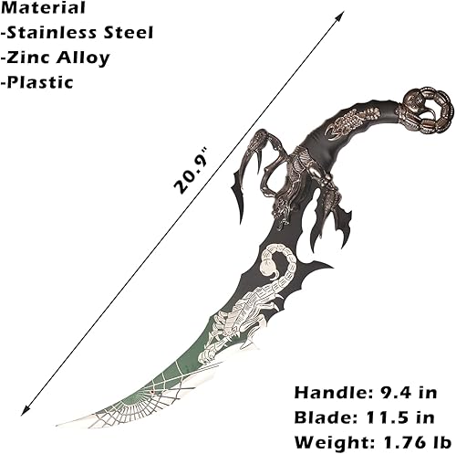 Miniatura 2 de COSWOR Espada de cuchillo de escorpión de fantasía de acero inoxidable de 20.9 pulgadas para cosplay, colección, negro y verde
