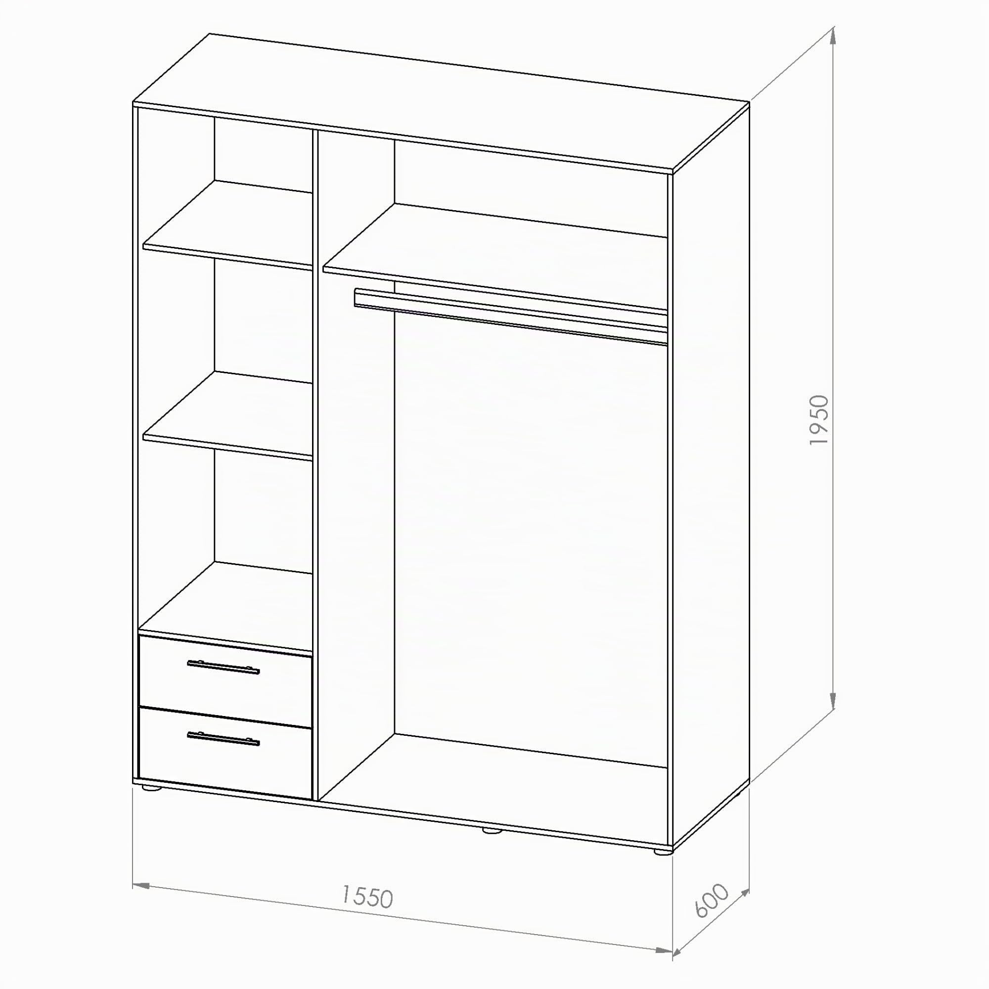 VALENCIA, Armadio effetto rovere Sonoma, bianco, a 3 ante molto capiente, versatile con ante a battente, per la vostra camera da letto, 155 x 195 x 60 cm, L x A x P